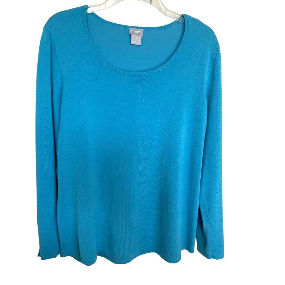 Chico’s Women’s Size 2(L) Turquoise Blue Scoop Neck Knit Top Coquette Office